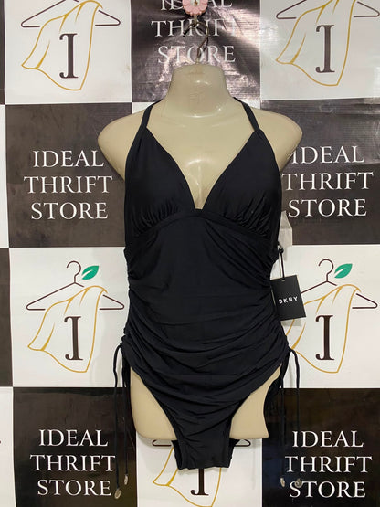 DKNY |S| BUST 15| A41| BLACK HALTER RUCHED UTILITY ONE-PIECE SWIMSUIT