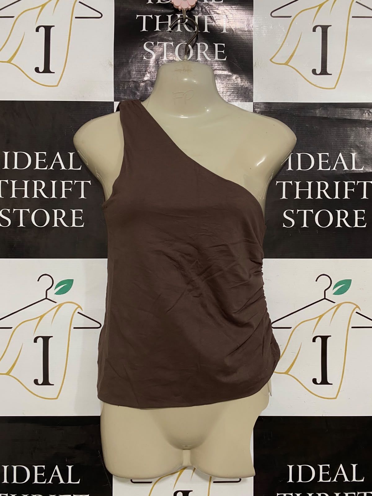 LILY LOVES |XS| BUST 14| A41| BROWN ONE-SHOULDER RUCHED UTILITY TANK TOP