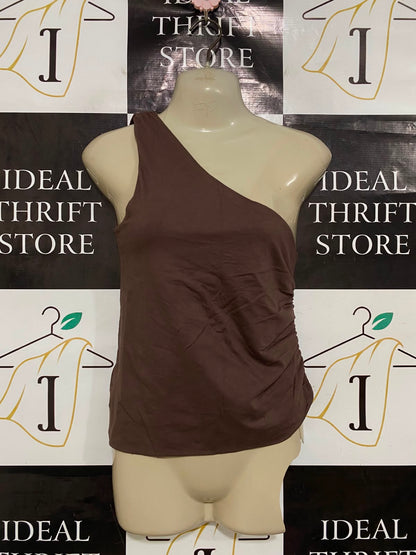 LILY LOVES |XS| BUST 14| A41| BROWN ONE-SHOULDER RUCHED UTILITY TANK TOP