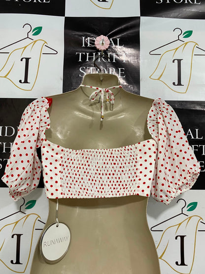 RUNWAY |M| BUST 15| A41| RED AND WHITE POLKA-DOT OFF-SHOULDER UTILITY CROP TOP