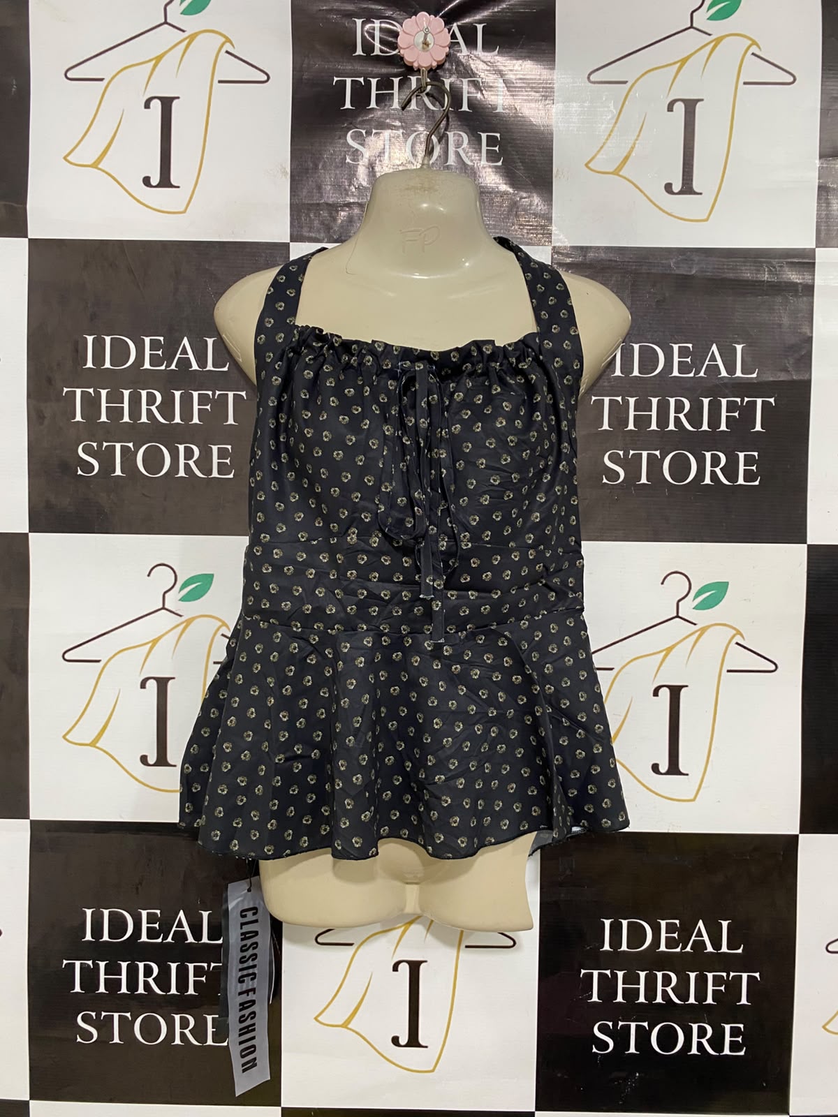CLASSIC FASHION |M| BUST 17| A41| BLACK FLORAL PRINT RUCHED PEPLUM UTILITY TANK TOP