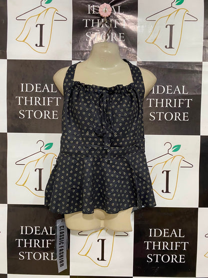 CLASSIC FASHION |M| BUST 17| A41| BLACK FLORAL PRINT RUCHED PEPLUM UTILITY TANK TOP