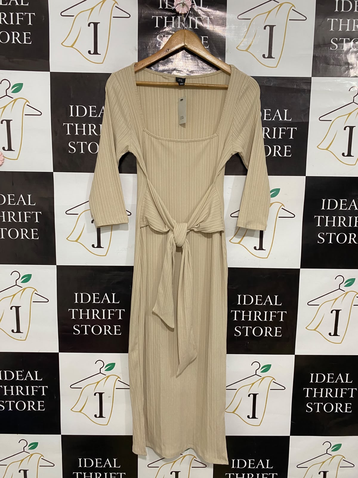 RIVER ISLAND |S| BUST 15| A41| CREAM RIBBED TIE-WAIST UTILITY MIDI DRESS