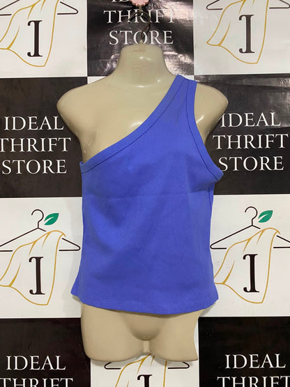 LILY LOVES |M| BUST 15| A41| BLUE ONE-SHOULDER RIBBED UTILITY TANK TOP