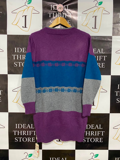 |M| BUST 19| A41| PURPLE COLORBLOCK FAIR ISLE UTILITY SWEATER DRESS
