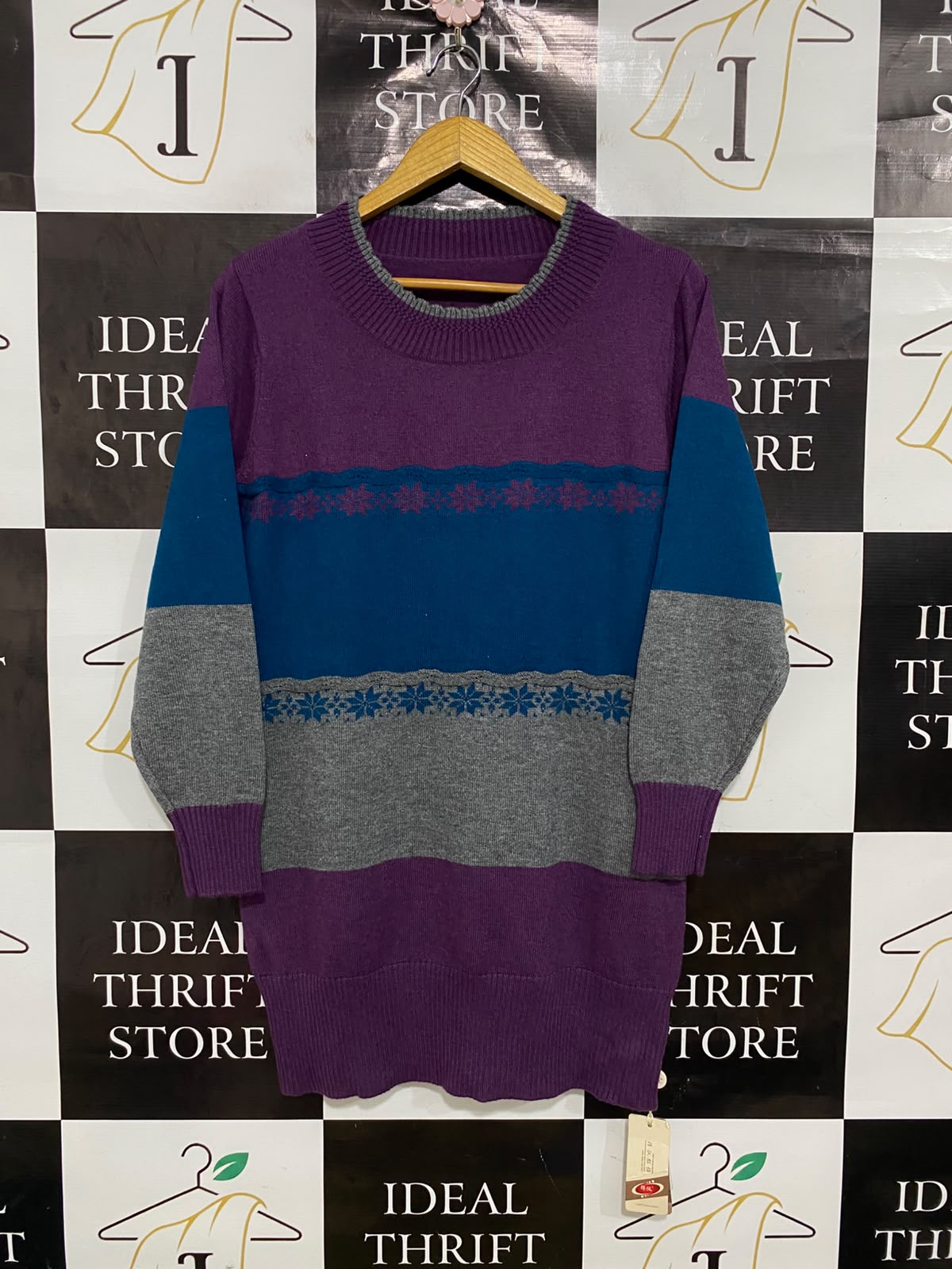 |M| BUST 19| A41| PURPLE COLORBLOCK FAIR ISLE UTILITY SWEATER DRESS