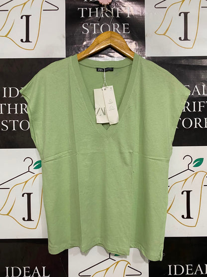 ZARA |M| BUST 19| A41| SAGE GREEN V-NECK UTILITY TANK TOP
