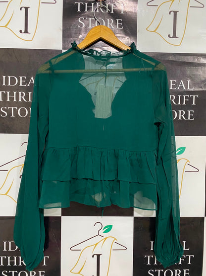 ZARA |M| BUST 17| A41| EMERALD GREEN RUFFLED TIE-FRONT UTILITY BLOUSE