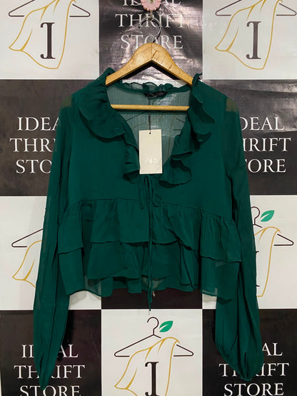 ZARA |M| BUST 17| A41| EMERALD GREEN RUFFLED TIE-FRONT UTILITY BLOUSE
