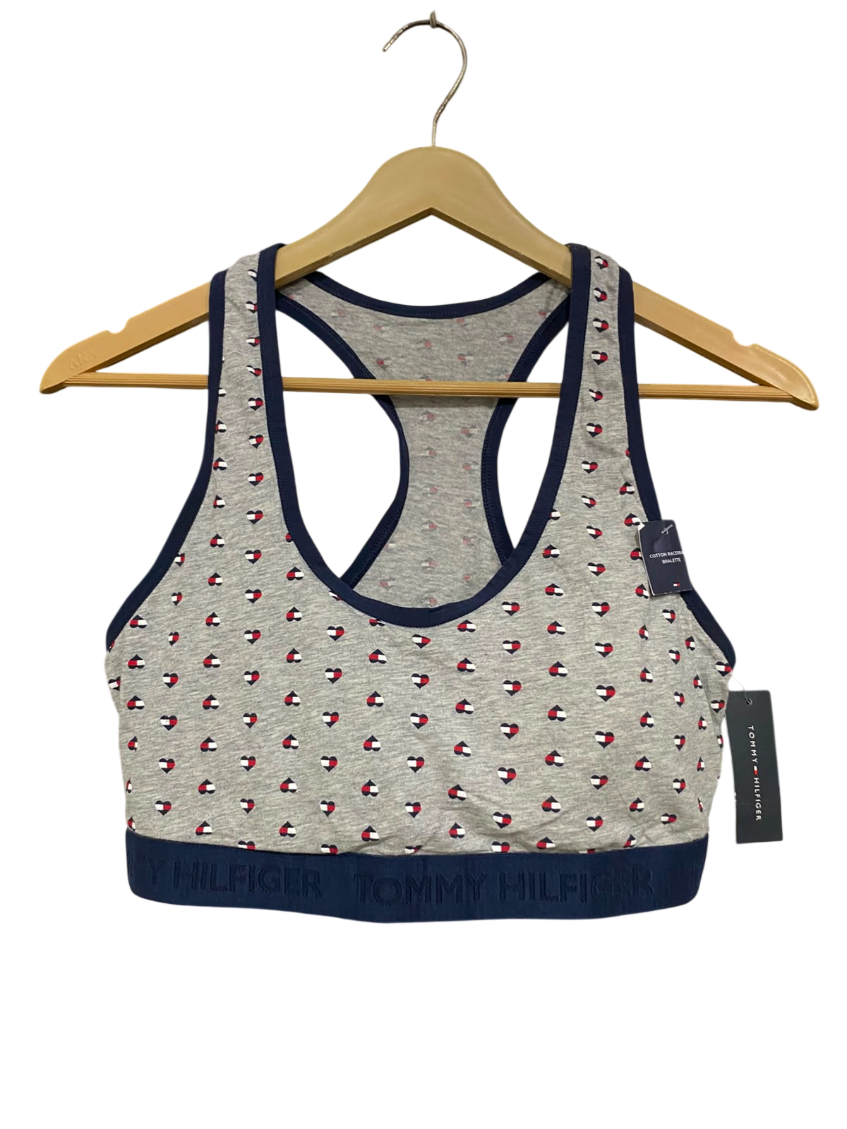 TOMMY HILFIGER |L| BUST 14| A42| HEATHER GREY LOGO-PRINT BRALETTE UTILITY SPORTS BRA