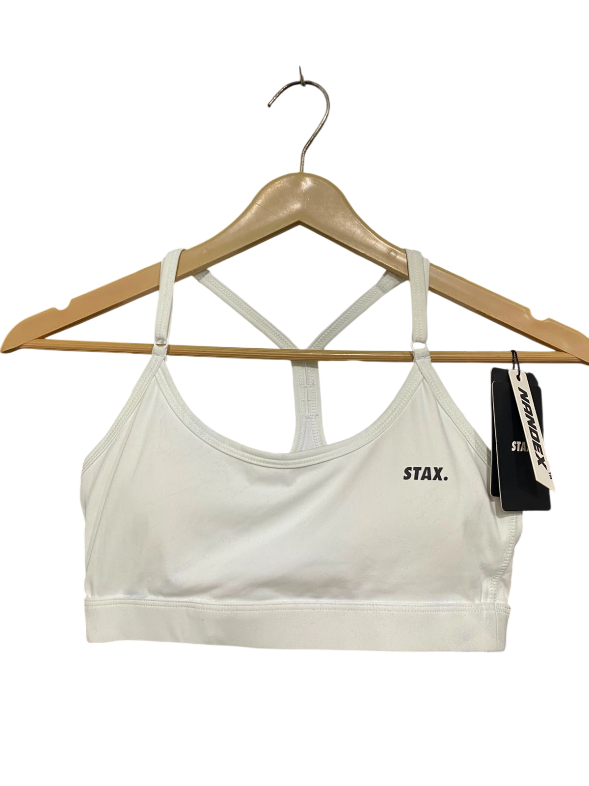 STAX |XS| BUST 12| A42| WHITE STRAPPY PERFORMANCE UTILITY SPORTS BRA