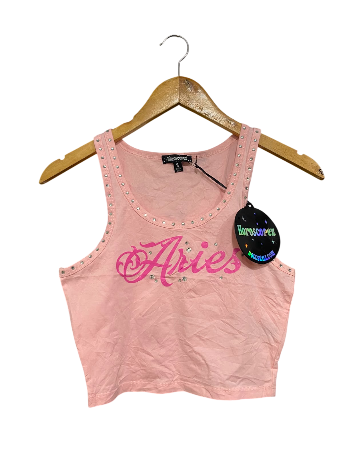 HOROSCOPEZ |S| BUST 14| A43| PINK "ARIES" RHINESTONE CROPPED UTILITY TANK