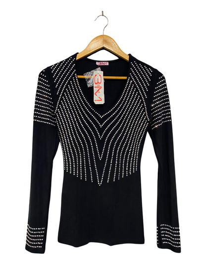 3M COLLECTION |S| BUST 14| A43| BLACK RHINESTONE-EMBELLISHED V-NECK UTILITY TOP