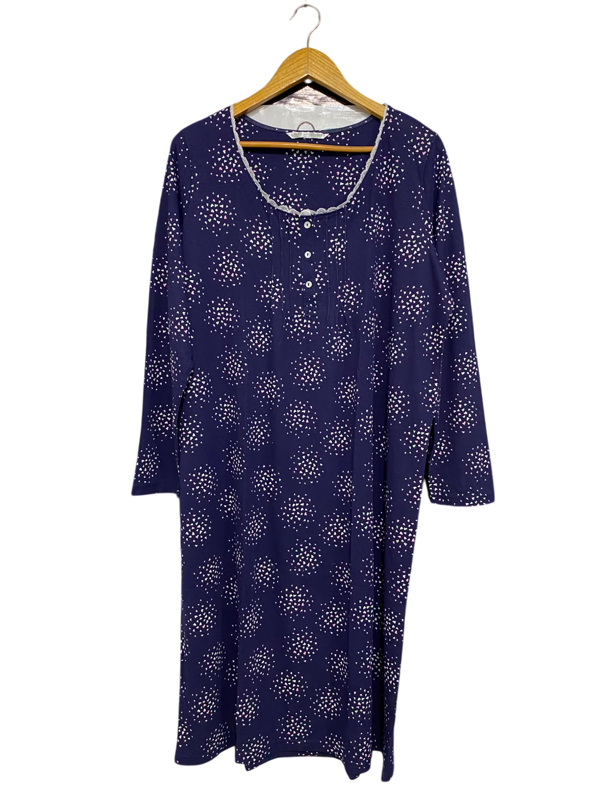 BONMARCHE |XL| BUST 24| A43| NAVY WHITE-SPOTTED LACE-TRIM UTILITY LOUNGE DRESS