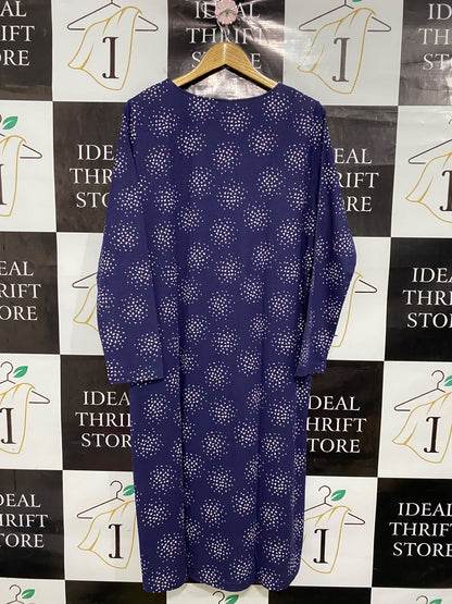 BONMARCHE |XL| BUST 24| A43| NAVY WHITE-SPOTTED LACE-TRIM UTILITY LOUNGE DRESS