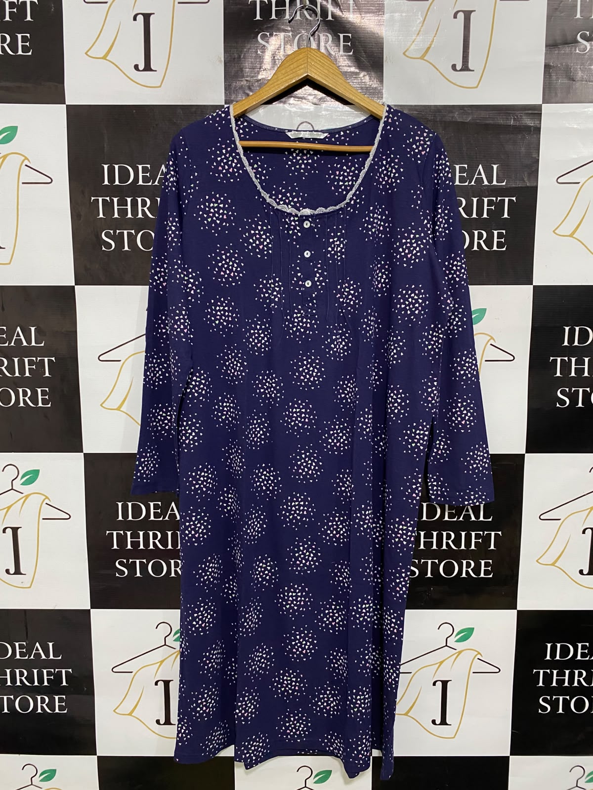 BONMARCHE |XL| BUST 24| A43| NAVY WHITE-SPOTTED LACE-TRIM UTILITY LOUNGE DRESS