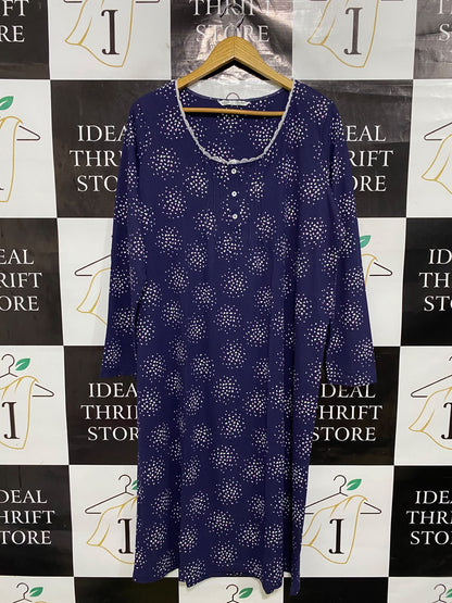BONMARCHE |XL| BUST 24| A43| NAVY WHITE-SPOTTED LACE-TRIM UTILITY LOUNGE DRESS