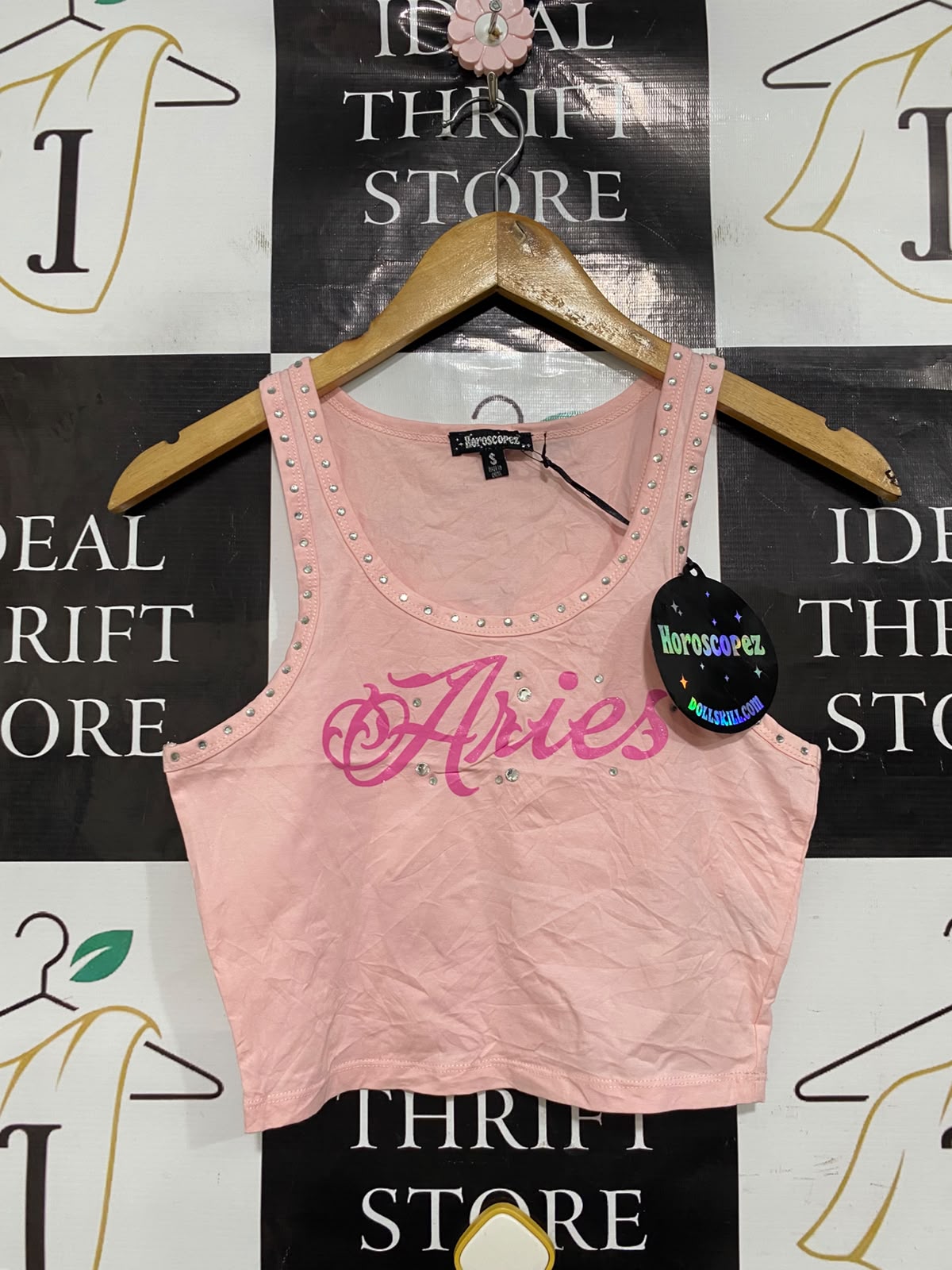 HOROSCOPEZ |S| BUST 14| A43| PINK "ARIES" RHINESTONE CROPPED UTILITY TANK