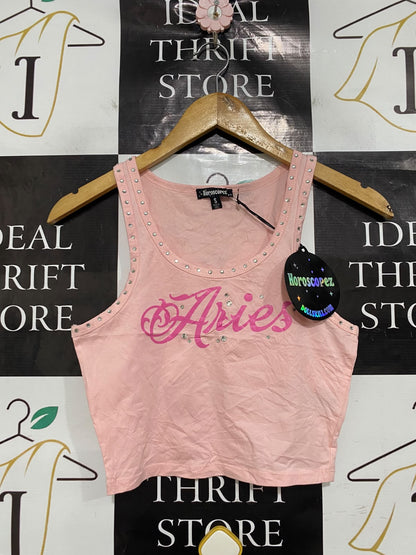 HOROSCOPEZ |S| BUST 14| A43| PINK "ARIES" RHINESTONE CROPPED UTILITY TANK