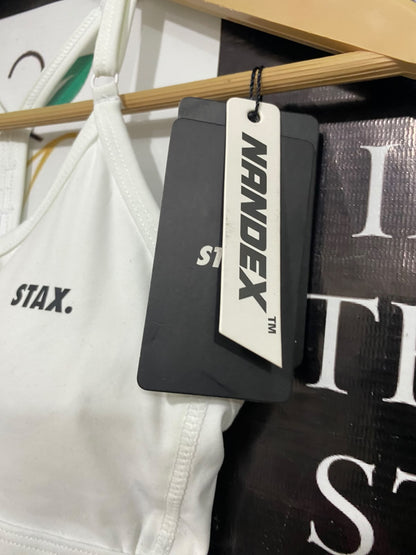 STAX |XS| BUST 12| A42| WHITE STRAPPY PERFORMANCE UTILITY SPORTS BRA