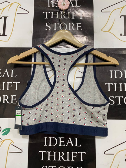 TOMMY HILFIGER |L| BUST 14| A42| HEATHER GREY LOGO-PRINT BRALETTE UTILITY SPORTS BRA