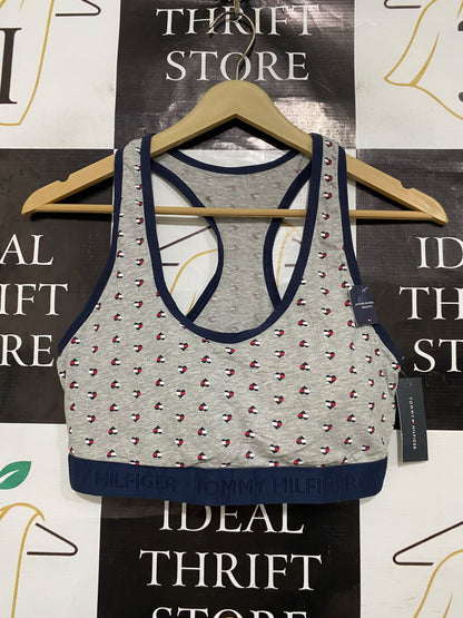 TOMMY HILFIGER |L| BUST 14| A42| HEATHER GREY LOGO-PRINT BRALETTE UTILITY SPORTS BRA