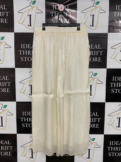 |L| WAIST 32| A42| CREAM METALLIC SHIMMER PLEATED UTILITY PALAZZO PANTS