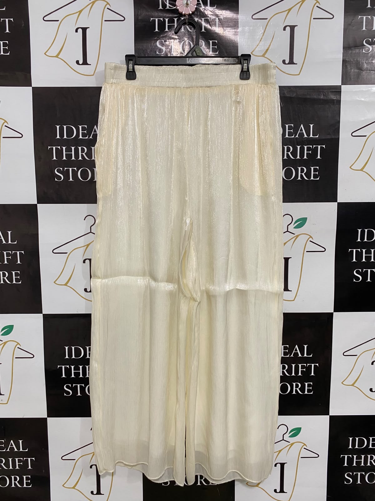 |L| WAIST 32| A42| CREAM METALLIC SHIMMER PLEATED UTILITY PALAZZO PANTS
