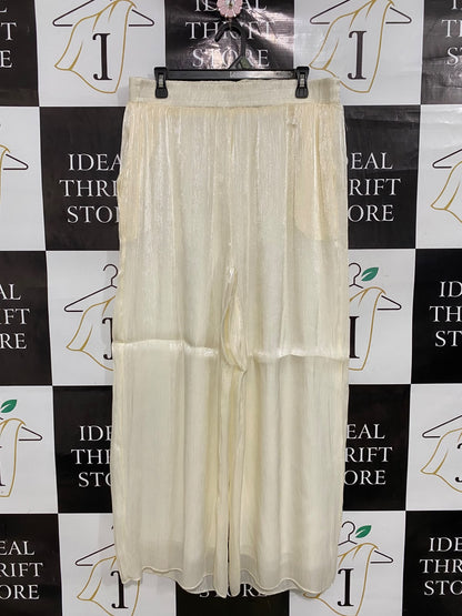 |L| WAIST 32| A42| CREAM METALLIC SHIMMER PLEATED UTILITY PALAZZO PANTS