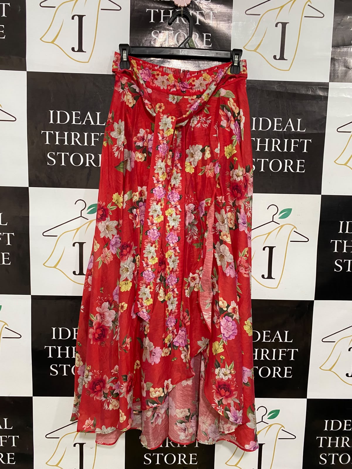PORTMANS |S| WAIST 26| A42| RED FLORAL WRAP-STYLE UTILITY MAXI SKIRT