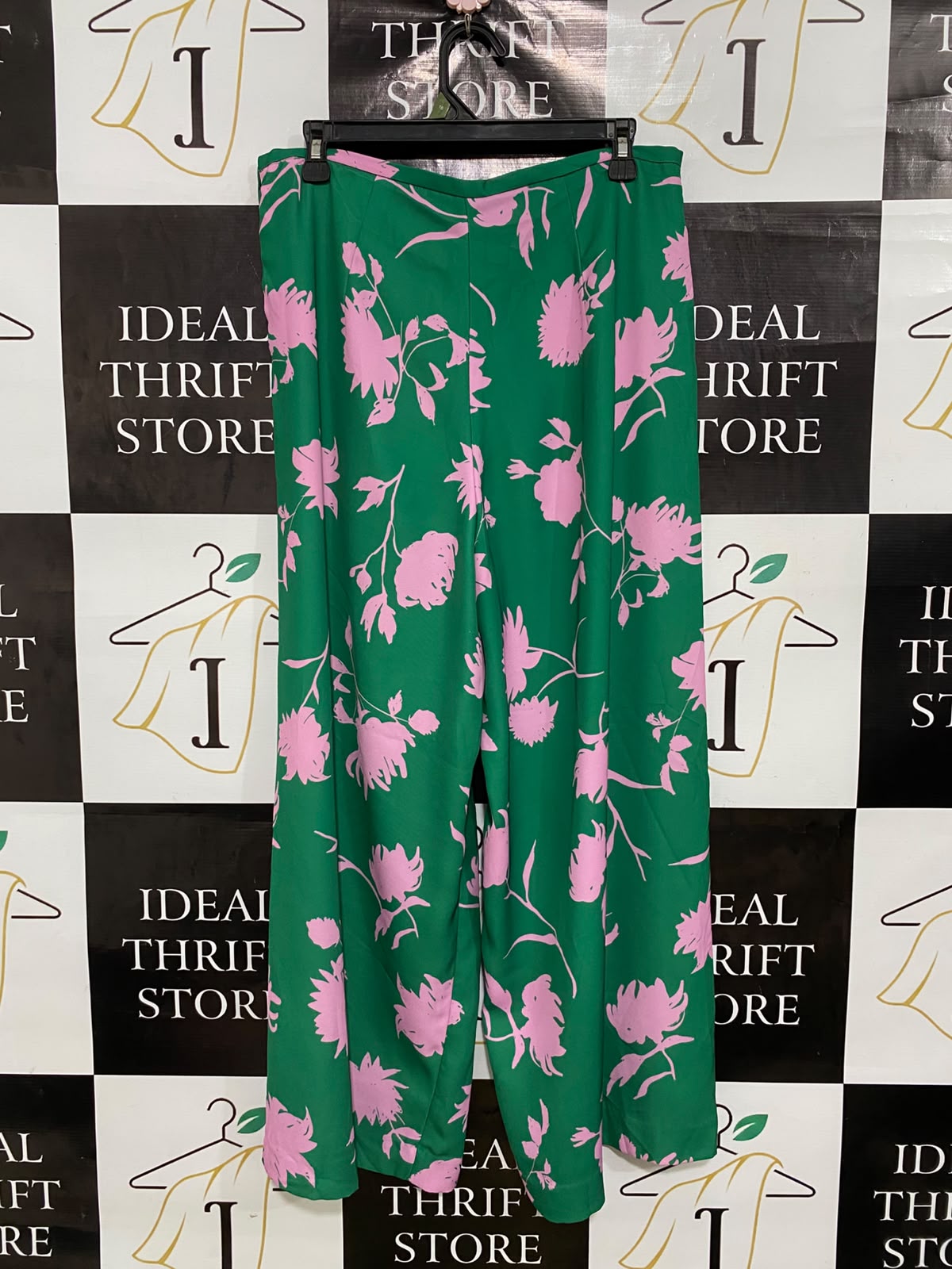 H&M |L| WAIST 30| A42| GREEN & PINK FLORAL UTILITY WIDE-LEG PALAZZO PANTS