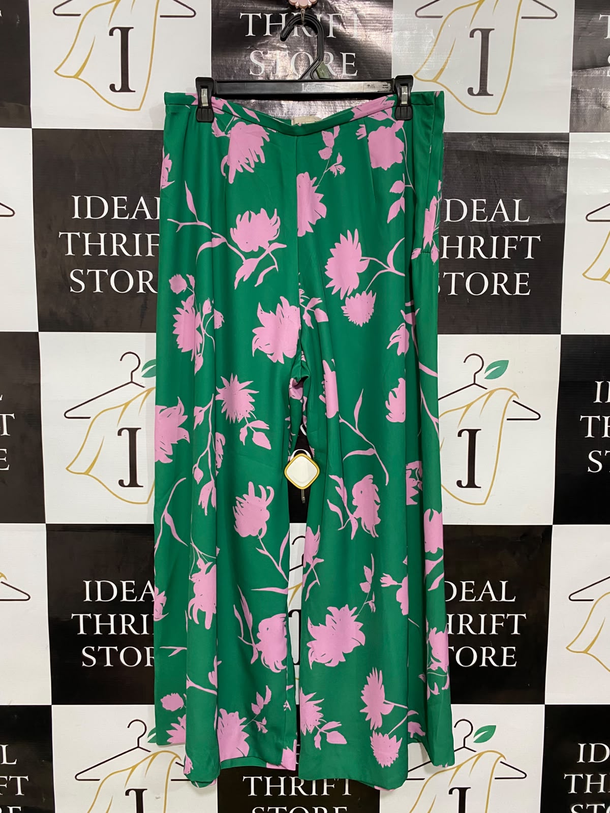 H&M |L| WAIST 30| A42| GREEN & PINK FLORAL UTILITY WIDE-LEG PALAZZO PANTS