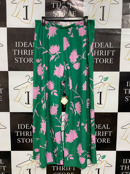 H&M |L| WAIST 30| A42| GREEN & PINK FLORAL UTILITY WIDE-LEG PALAZZO PANTS