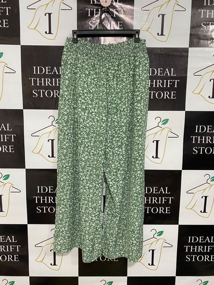 |M| WAIST 28| A42| GREEN & WHITE DITSY FLORAL UTILITY WIDE-LEG PALAZZO PANTS
