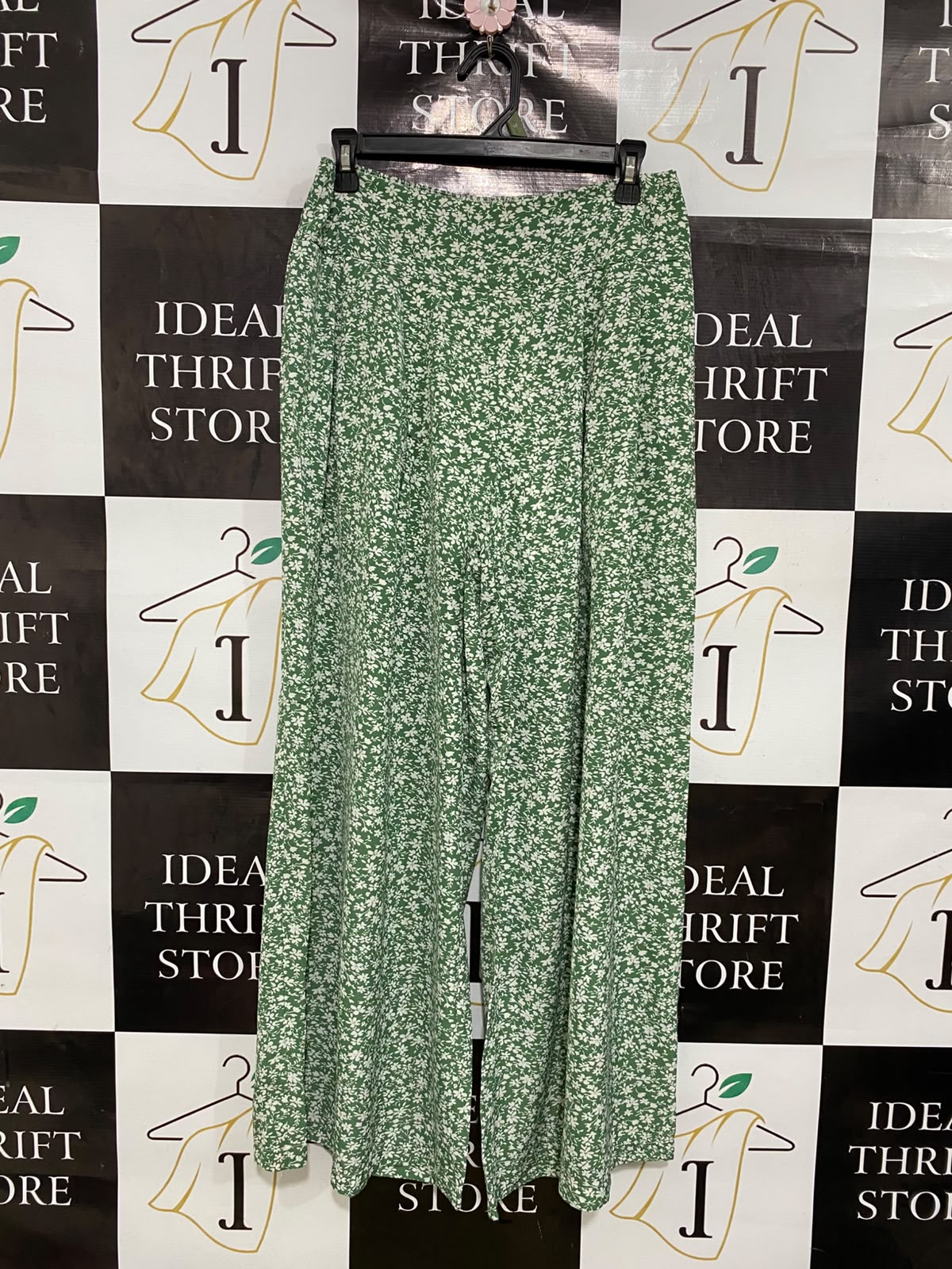 |M| WAIST 28| A42| GREEN & WHITE DITSY FLORAL UTILITY WIDE-LEG PALAZZO PANTS