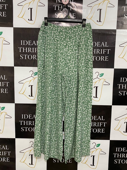 |M| WAIST 28| A42| GREEN & WHITE DITSY FLORAL UTILITY WIDE-LEG PALAZZO PANTS