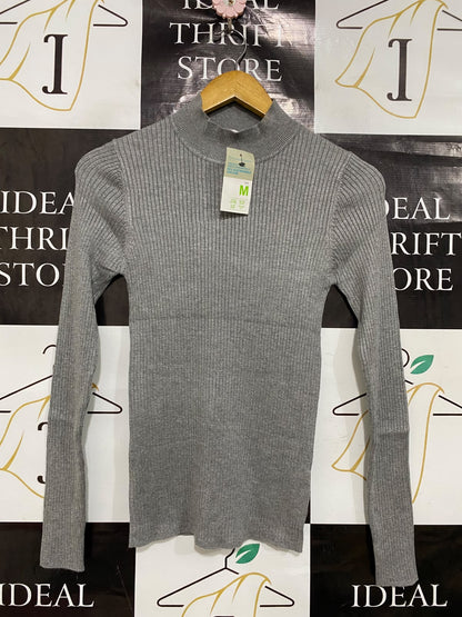 PRIMARK CARES |M| BUST 12| A42| GREY RIBBED MOCK-NECK LONG-SLEEVE TOP