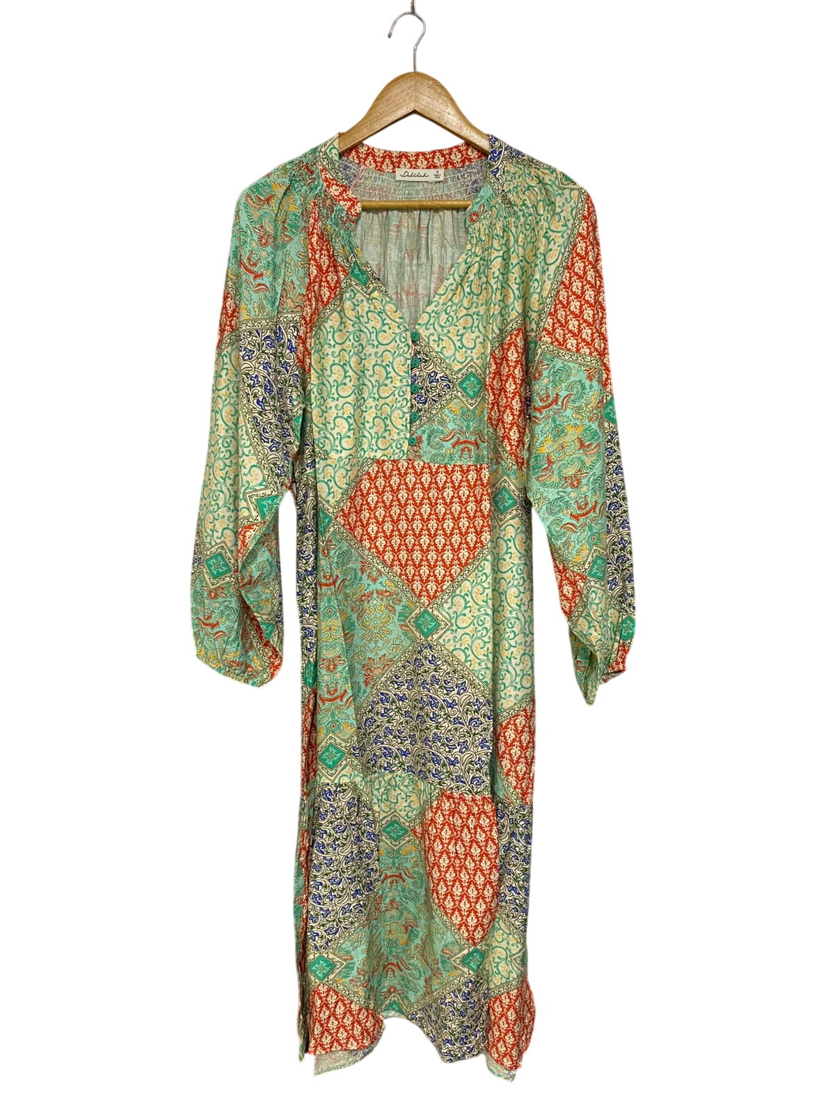 DELILAH |L| BUST 22| A43| BOHEMIAN PATCHWORK PRINT TECHNICAL UTILITY MIDI DRESS