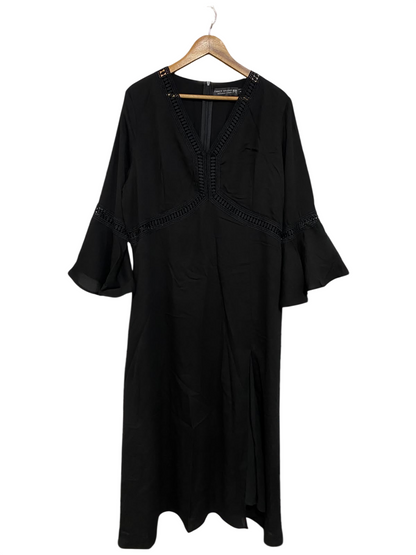 FANCY STUDIO |XL| BUST 22| A43| BLACK V-NECK LACE-TRIM TECHNICAL UTILITY MIDI DRESS