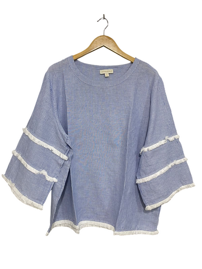 CYNTHIA ROWLEY |XL| BUST 25| A43| BLUE AND WHITE STRIPED FRINGED TECHNICAL UTILITY TOP