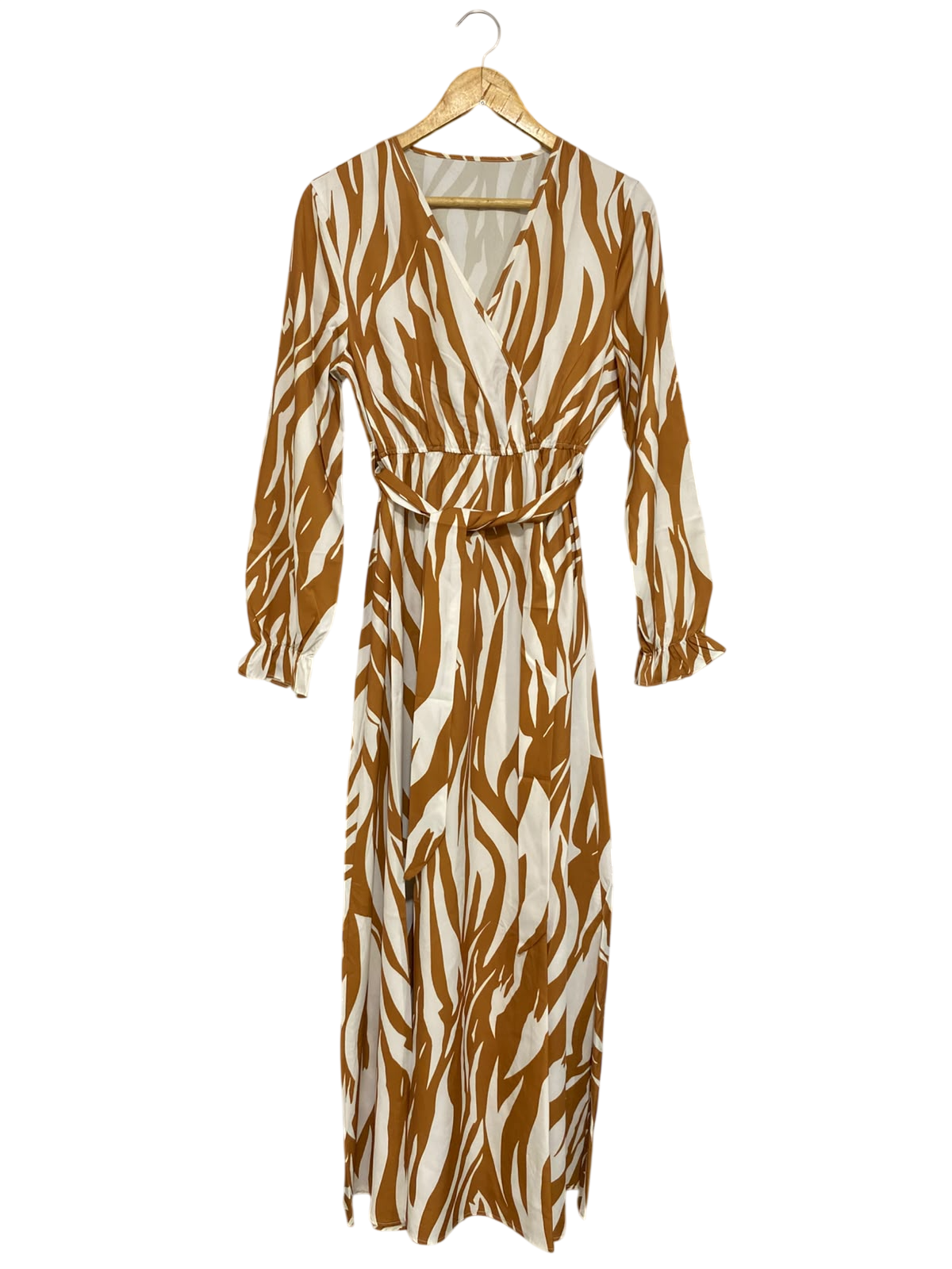 SHEIN |M| BUST 18| A43| CAMEL AND WHITE ABSTRACT ANIMAL PRINT TECHNICAL UTILITY WRAP DRESS