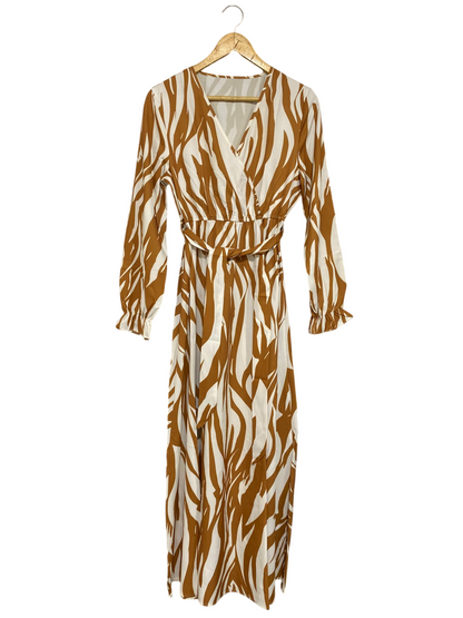 SHEIN |M| BUST 18| A43| CAMEL AND WHITE ABSTRACT ANIMAL PRINT TECHNICAL UTILITY WRAP DRESS