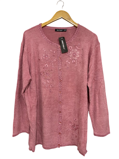 SOLUTIONS |XL| BUST 24| A43| DUSTY ROSE FLORAL EMBROIDERED KNIT CARDIGAN