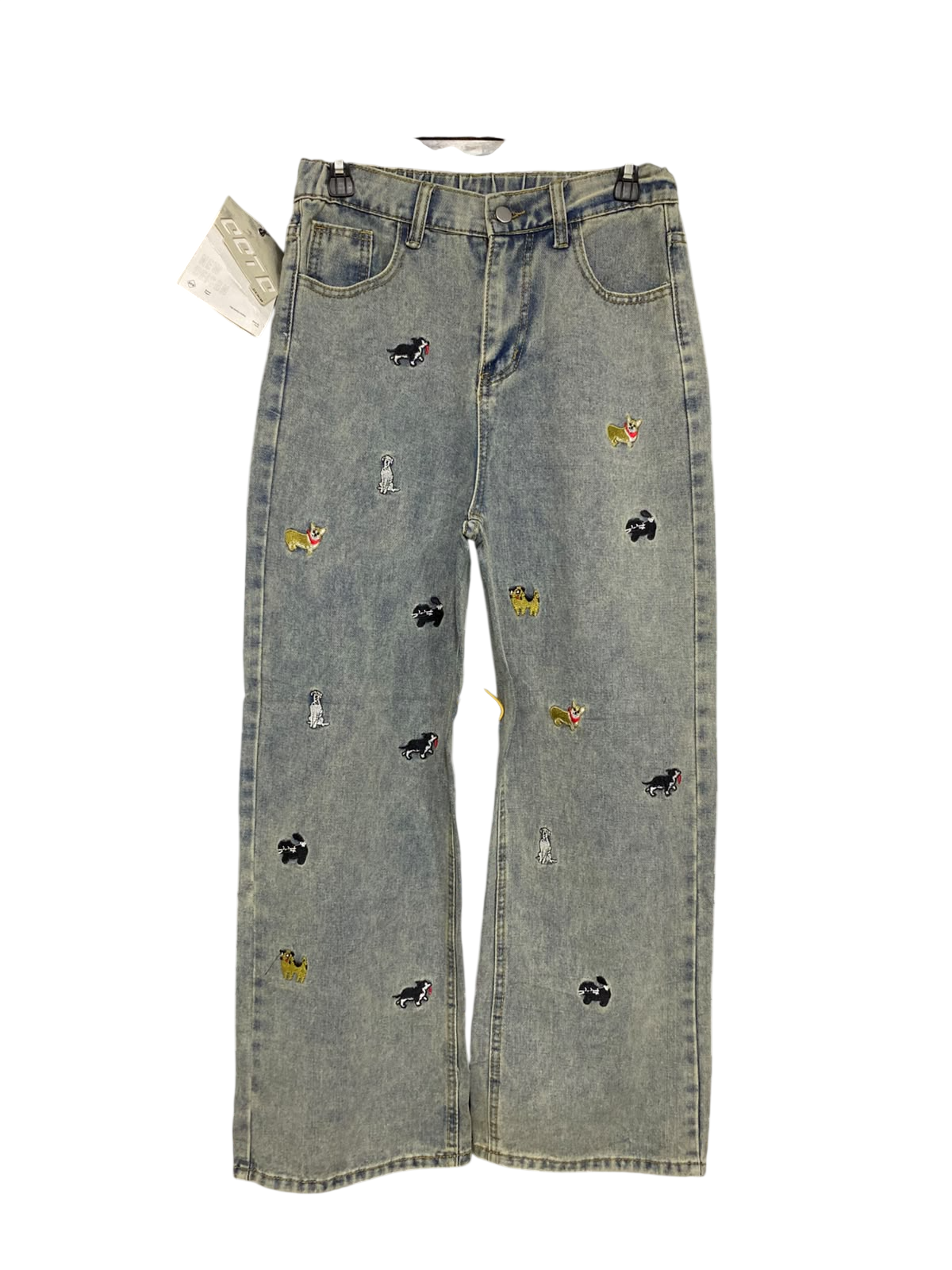 OOTD |M| WAIST 28| A43| LIGHT-WASH EMBROIDERED DOG-MOTIF STRAIGHT-LEG UTILITY DENIM JEANS