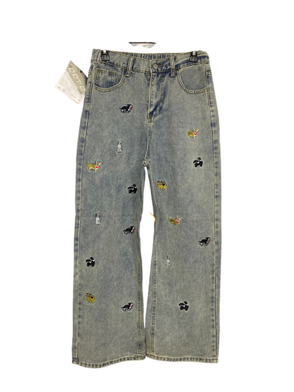 OOTD |M| WAIST 28| A43| LIGHT-WASH EMBROIDERED DOG-MOTIF STRAIGHT-LEG UTILITY DENIM JEANS