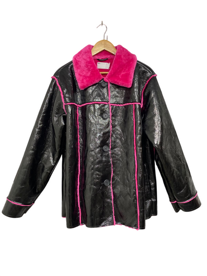 ASOS |S| BUST 24| A43| GLOSSY BLACK & HOT PINK FAUX-SHEARLING UTILITY JACKET