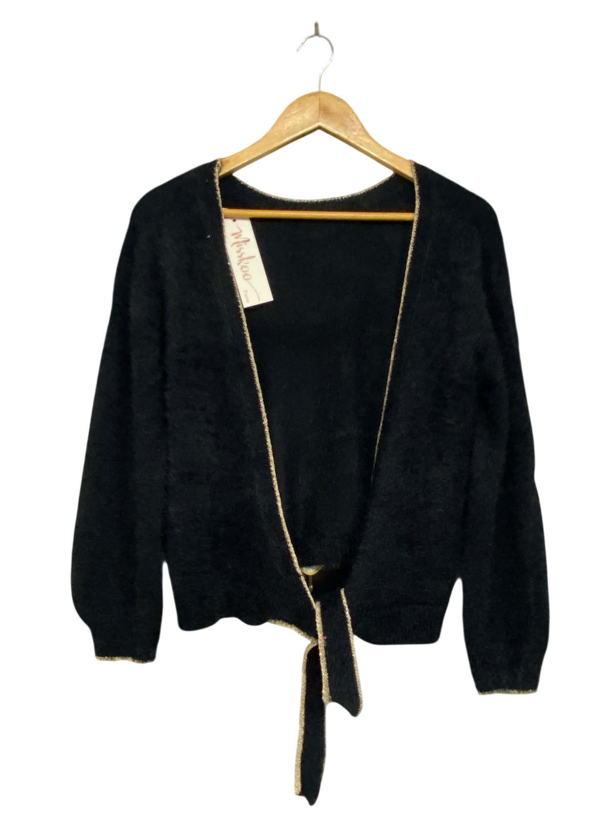 MISSKOO |M| BUST 22| A43| BLACK GOLD-TRIM WRAP-TIE KNIT UTILITY CARDIGAN