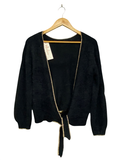 MISSKOO |M| BUST 22| A43| BLACK GOLD-TRIM WRAP-TIE KNIT UTILITY CARDIGAN