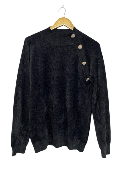 N EVERY DAY |L/XL| BUST 20| A43| BLACK FLUFFY RHINESTONE HEART-BUTTON UTILITY SWEATER