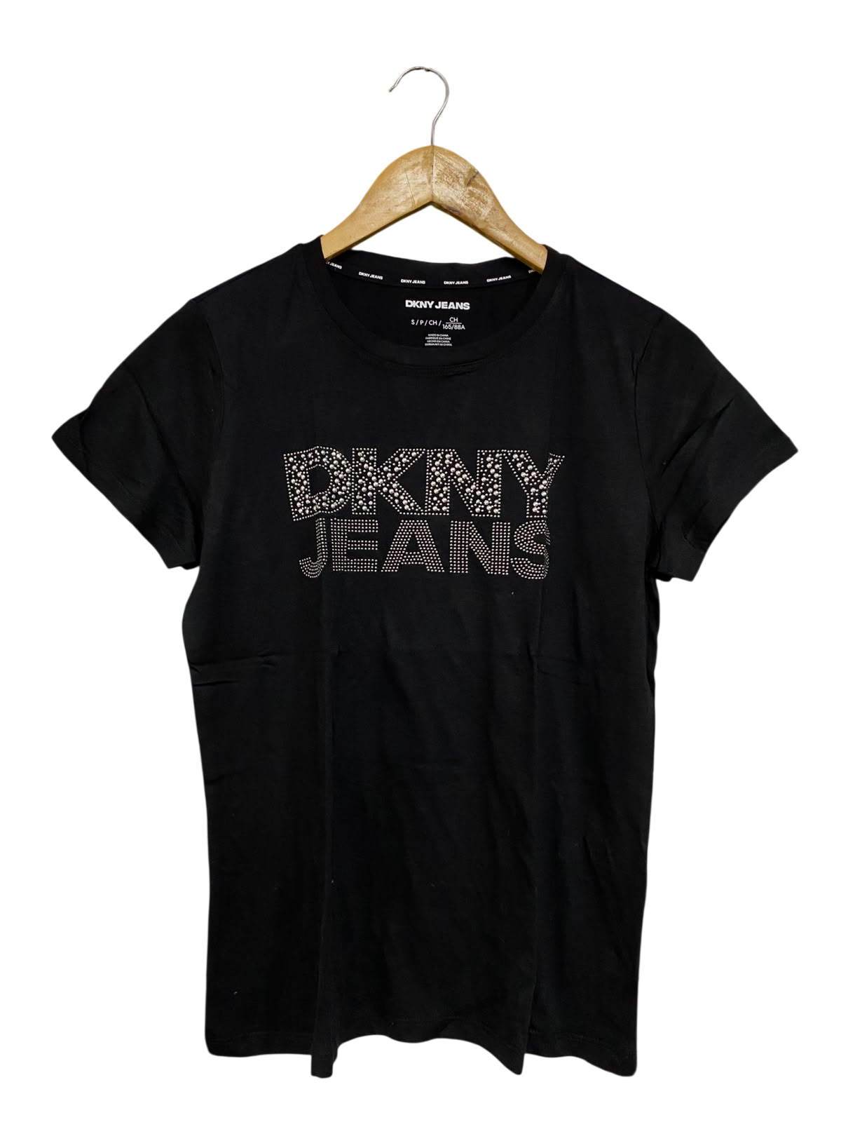 DKNY JEANS |S| BUST 18| A43| BLACK RHINESTONE-EMBOSSED UTILITY T-SHIRT